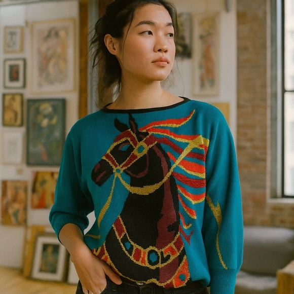 Bob Mackie Art to Wear Vintage Horse Novelty Print Sweater Medium,All Products : American Fashion Style Bags On Sale